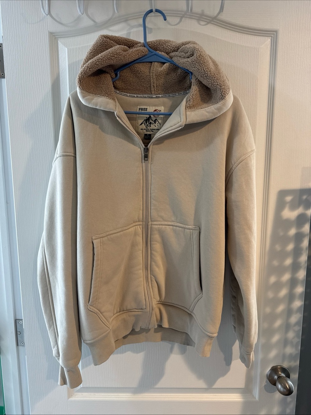 Free Planet Zip-Up Sherpa Hoodie in Light Beige with Taupe Lining